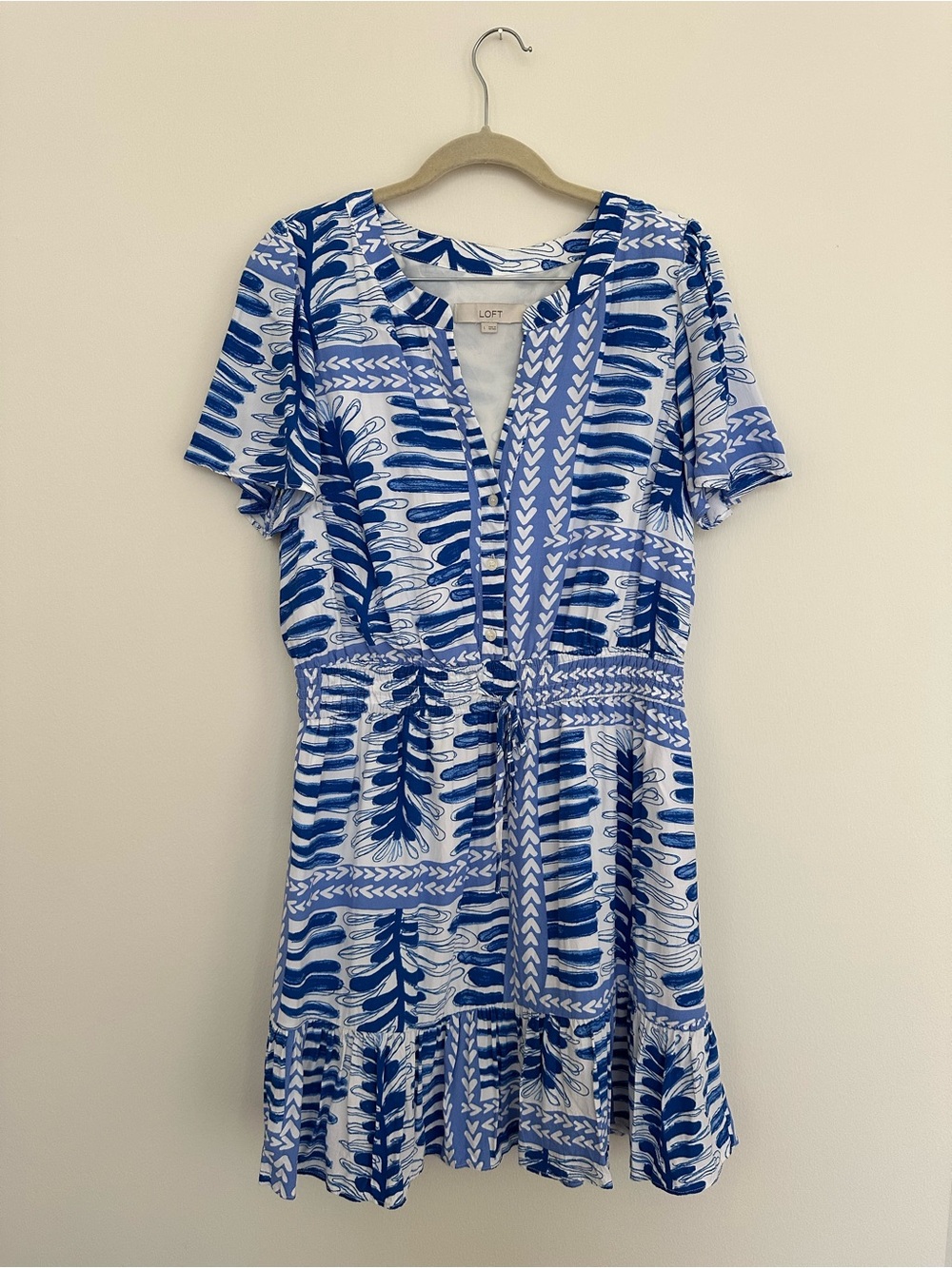 LOFT Blue & White Printed Short Sleeve Dress